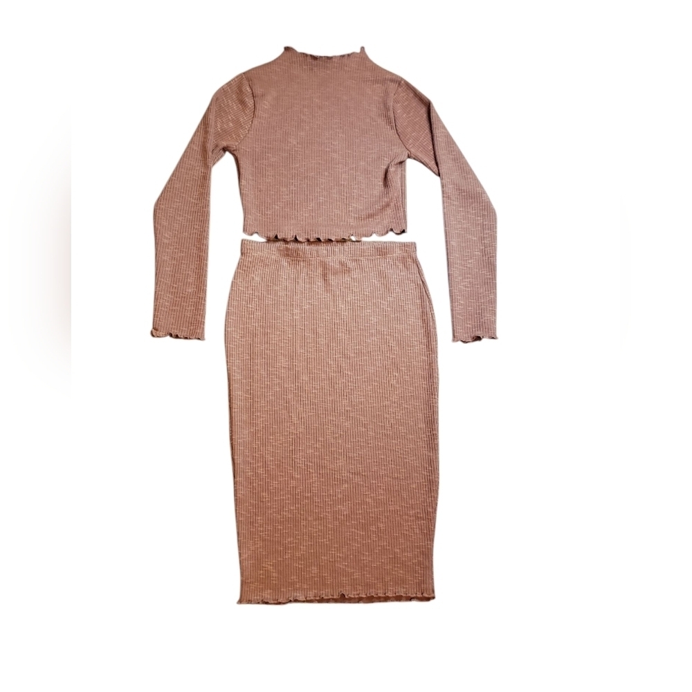 Bozzolo Saddle Brown Ribbed Skirt & Top Set Small NEW Small